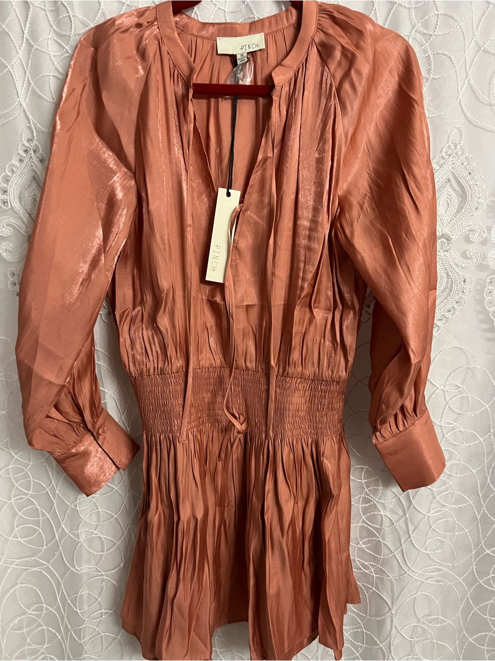 PINCH Copper-Tone Long Sleeve Smocked Waist Dress